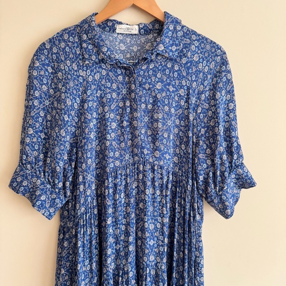 Natural Life Rebecca Blue Floral Tiered Midi Dress Blue Border Calico Print L - Picture 5 of 16